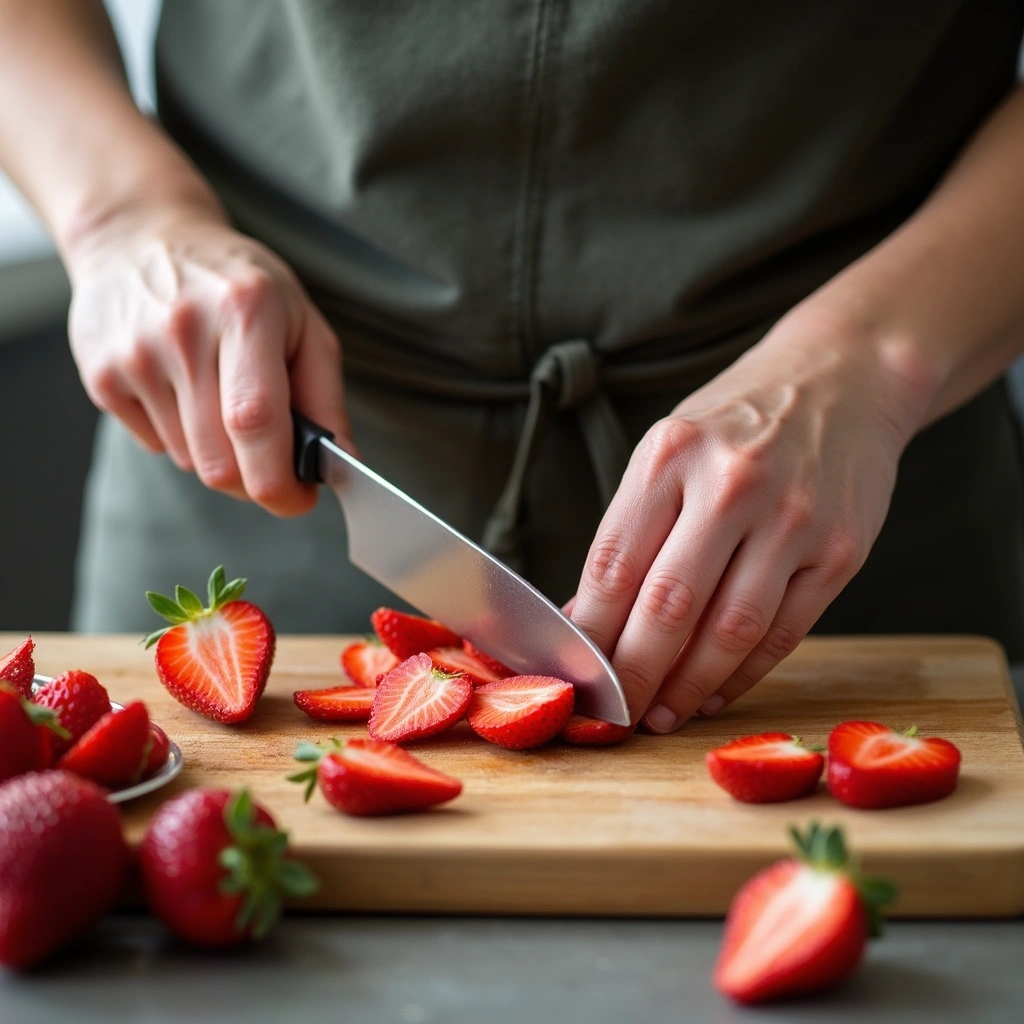 Fruit Salad for Brunch Breakfast Recipes Fresh & Colorful - Step 2: Slice the Strawberries